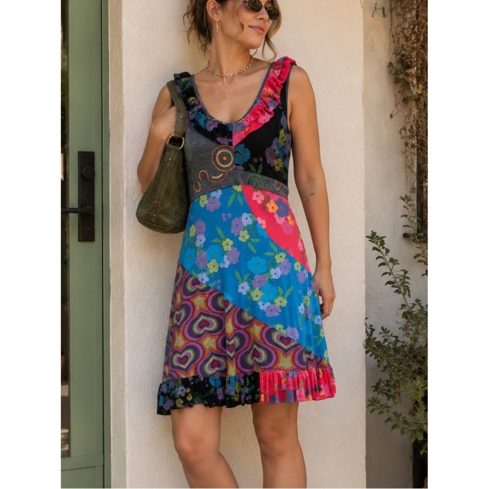 PAPILLON Y2K Babydoll Dress M Patchwork Sleeveless Boho Artsy Colorful Summer